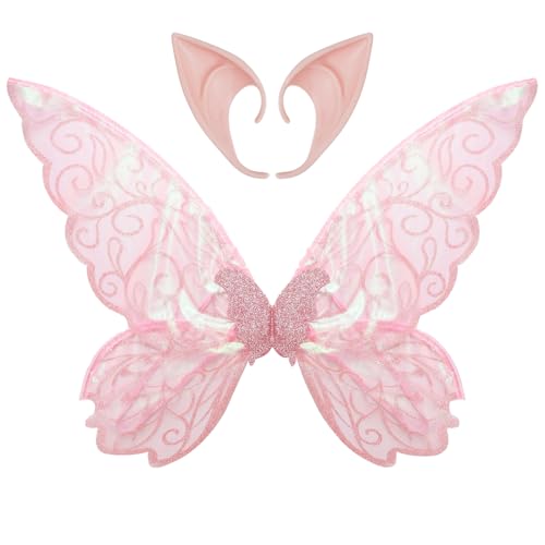 TiaoBug Halloween Feenflügel Cosplay Set Schmetterlingsflügel mit Silikon Elfenohren Prinzessin Elfenflügel Spitzohren Fairy Wings Mottoparty Fasching Maskerade Rosa One Size von TiaoBug