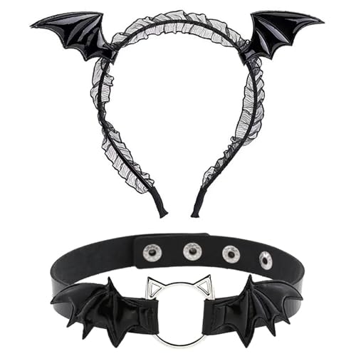 TiaoBug Halloween Gothic Punk Cosplay Zubehör Fledermausflügel Haarband mit Halschoker Set Devil Teufel Rollenspiel Party Karneval Halloween Kostüm Schwarz One Size von TiaoBug