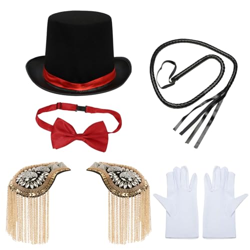 TiaoBug Halloween Zirkusdirektor Ringmaster Cosplay Zubehör Zylinderhut Fliege Quasten Schulterklappen Peitsche Gehstock Handschuhe Magier Cosplay Typ E One Size von TiaoBug