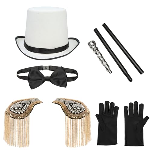 TiaoBug Halloween Zirkusdirektor Ringmaster Cosplay Zubehör Zylinderhut Fliege Quasten Schulterklappen Peitsche Gehstock Handschuhe Magier Cosplay Typ H One Size von TiaoBug