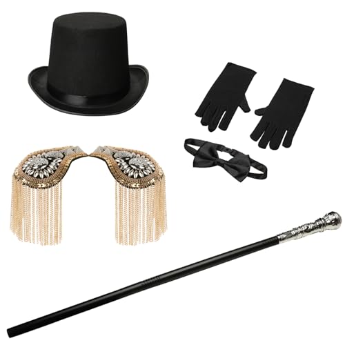 TiaoBug Halloween Zirkusdirektor Ringmaster Kostüm Zubehör Schulterklappen Peitsche Handschuhe Zylinderhut Fliege Set Zirkus Cosplay Requisiten Typ C One Size von TiaoBug