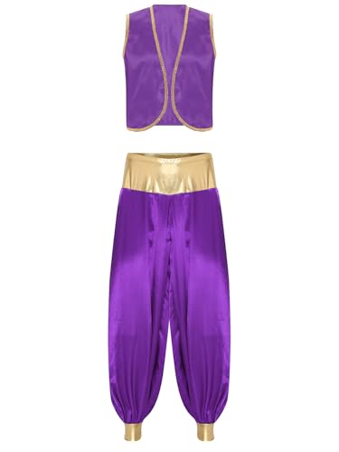 TiaoBug Herren Arabischer Prinz Kostüm Cosplay Kleidung Set Ärmellose Weste + Lange Hose Breiter Metallic Gürtel Cartoon Filme Erwachsenen Karneval Fasching Kostüme Violett M von TiaoBug