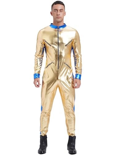 TiaoBug Herren Astronaut Kostüm Langarm Ganzkörperanzug Metallic Overall Jumpsuit Weltraum Weltall Motto Party Outfits Gold 4XL von TiaoBug