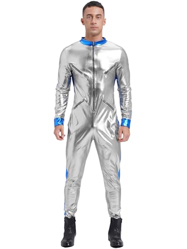 TiaoBug Herren Astronaut Kostüm Langarm Ganzkörperanzug Metallic Overall Jumpsuit Weltraum Weltall Motto Party Outfits Silber XL von TiaoBug