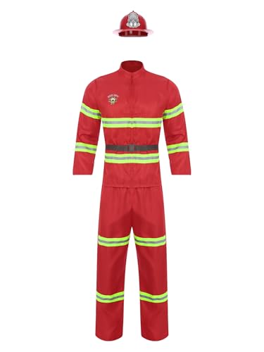 TiaoBug Herren Feuerwehrmann Cosplay Kostüm Komplett Set aus Jacke und Hose mit Feuerwehrhelm Vater Sohn Einheitliche Uniformen Halloween Party Outfits Rot XS von TiaoBug