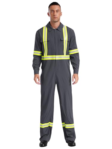 TiaoBug Herren Feuerwehrmann Kostüm Komplett Set aus Jacke und Hose mit Einheitliche Uniformen Halloween Party Outfits Grau 3XL von TiaoBug