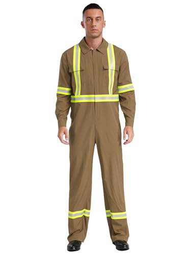 TiaoBug Herren Feuerwehrmann Kostüm Komplett Set aus Jacke und Hose mit Einheitliche Uniformen Halloween Party Outfits Khaki 3XL von TiaoBug