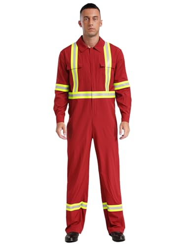 TiaoBug Herren Feuerwehrmann Kostüm Komplett Set aus Jacke und Hose mit Einheitliche Uniformen Halloween Party Outfits Rot L von TiaoBug