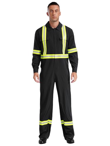 TiaoBug Herren Feuerwehrmann Kostüm Komplett Set aus Jacke und Hose mit Einheitliche Uniformen Halloween Party Outfits Schwarz 3XL von TiaoBug