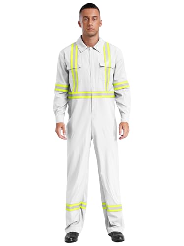 TiaoBug Herren Feuerwehrmann Kostüm Komplett Set aus Jacke und Hose mit Einheitliche Uniformen Halloween Party Outfits Weiß L von TiaoBug