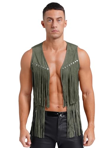 TiaoBug Herren Fransenweste Cowboy Kostüm Ärmellose Jacke mit Quaste Faux Wildleder 70er Hippie Accessoires Vorne Offene Strickjacke Cardigen Armeegrün XL von TiaoBug