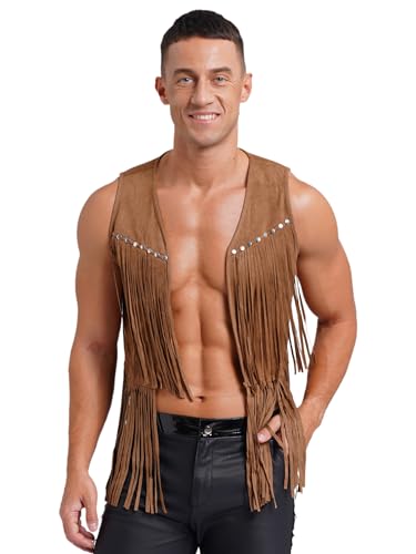 TiaoBug Herren Fransenweste Cowboy Kostüm Ärmellose Jacke mit Quaste Faux Wildleder 70er Hippie Accessoires Vorne Offene Strickjacke Cardigen Braun XXL von TiaoBug