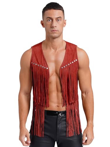 TiaoBug Herren Fransenweste Cowboy Kostüm Ärmellose Jacke mit Quaste Faux Wildleder 70er Hippie Accessoires Vorne Offene Strickjacke Cardigen Rot XXL von TiaoBug