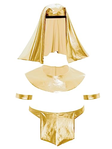 TiaoBug Herren Pharao Kostüm Ägyptischer König Umhang mit Slip Rock Kopftuch und Armbänder Wetlook Unterwäsche Set Motto Party Outfits Clubwear Gold S von TiaoBug