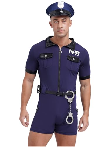 TiaoBug Herren Polizei Polizist Kostüm Kurz Jumpsuit Overalls Kurzarm Hemd Kentkragen Freizeithemd mit Kurze Hose Polizeimütze Abzeichen Handschellen Offizer Uniform Navy blau L von TiaoBug