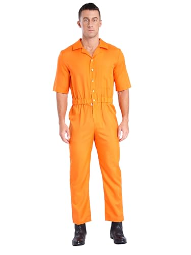 TiaoBug Herren Gefängnis Gefangener Kostüm Kurzarm Arbeitsoverall Coverall Einteiler Uniformen Erwachsenen Halloween Cosplay Outfits Orange L von TiaoBug