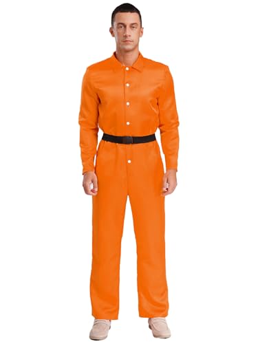 TiaoBug Herren Sträfling Kostüm Männer Gefangener Anzug Langarm Jumpsuit Overalls mit Gürtel Gefängnis Uniform Halloween Mottoparty Outfits Orange 3XL von TiaoBug