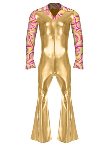 TiaoBug Herren Wetlook Ganzkörperanzug Lack Leder Hippie Hemd Body Lange Hose mit Schlag Langarm Jumpsuit Overall Lang Einteiler Disco Party Outfits Clubwear Gold 3XL von TiaoBug