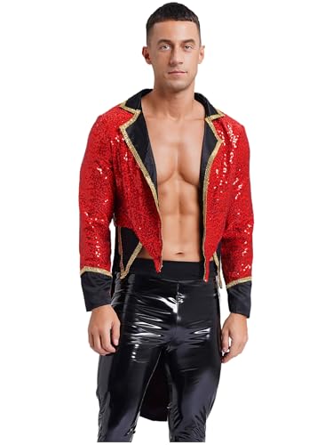 TiaoBug Herren Zirkusdirektor Kostüm Pailletten Jacke Mantel Festlich Metallic Anzugjacke Vorne Offen Revers Kragen Blazer Gothic Frack Rot 3XL von TiaoBug