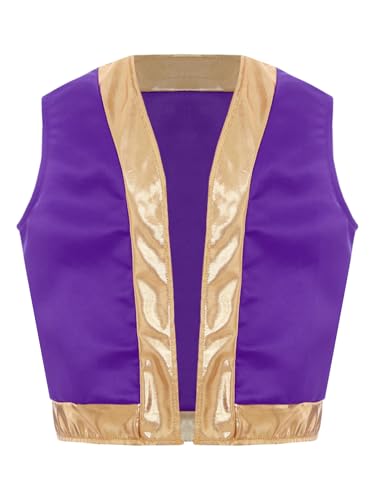 TiaoBug Jungen Arabischer Prinz Kostüm Festlich Weste Vorne Offene Satin Anzugweste Ärmellose Jacke Goldener Saum Gilet Tunika Top Violett 170 von TiaoBug