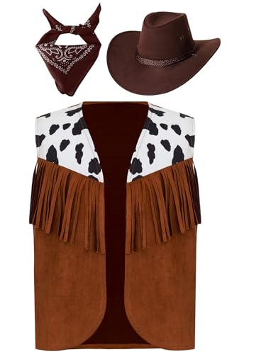 TiaoBug Jungen Cowboy Kostüm Wildleder Western Weste Gilet mit Fransen Kuh Flecken + Cowboyhut + Halstuch Halloween Cosplay Outfits Braun 134-140 von TiaoBug