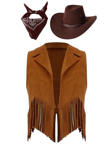 TiaoBug Jungen Klassicher Cowboyhut + Wildleder Weste mit Fransen + Bandanas Halstuch Western Filme Figur Cosplay Kostüm Halloween Party Outfits Braun 146-152 von TiaoBug