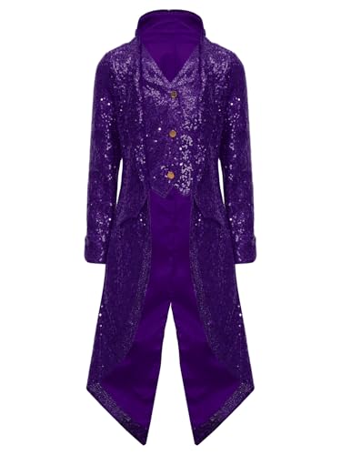 TiaoBug Jungen Pailletten Frack Steampunk Gothic Jacke Mantel Mittelalter Gehrock Rock mit Schößen Fasching Karneval Party Kostüm Violett 122-128 von TiaoBug