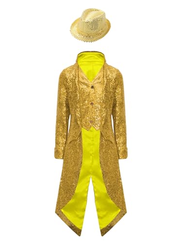 TiaoBug Jungen Pailletten Frack Steampunk Gothic Jacke Mantel Mittelalter Gehrock mit Zylinder Hut Fasching Karneval Party Kostüm Outwear Gold 110-116 von TiaoBug