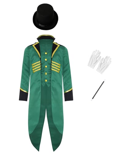 TiaoBug Jungen Vintage Frack Jacke Gothic Viktorianischer Mantel Uniform mit Zylinder Zirkus Hut Weiße Handschuhe und Zauberstab Cosplay Outfits Grün 170 von TiaoBug