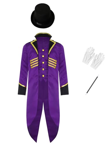 TiaoBug Jungen Vintage Frack Jacke Gothic Viktorianischer Mantel Uniform mit Zylinder Zirkus Hut Weiße Handschuhe und Zauberstab Cosplay Outfits Violett 158-164 von TiaoBug