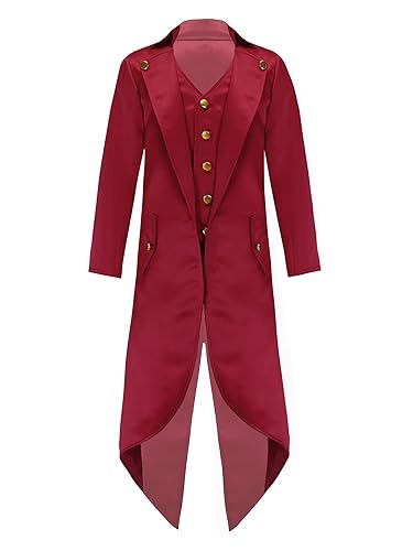 TiaoBug Jungen Vintage Frack Steampunk Gothic Jacke Mantel Mittelalter Gehrock Fasching Karneval Party Kostüm Outwear Rot 158-164 von TiaoBug