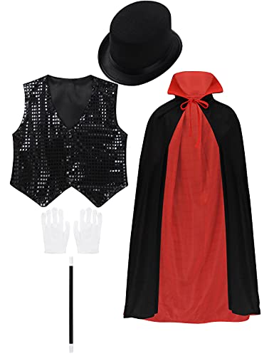 TiaoBug Jungen Zauberer Magier Cosplay Kostüm Set Schwarzes Rot Reversible Umhang Stehkragen + Weiße Handschuhe + Magischer Zauberstab + Zylinderhut Kinder Halloween Party Schwarz 158-164 von TiaoBug