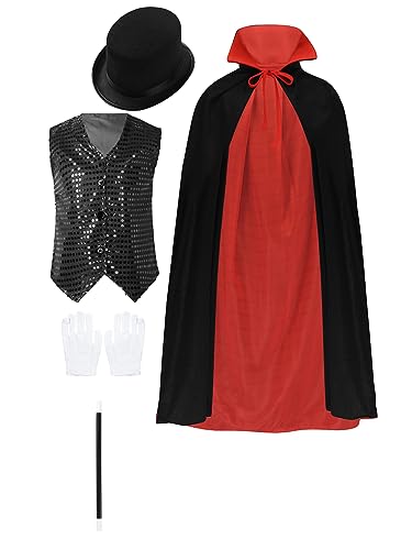 TiaoBug Jungen Zauberer Magier Cosplay Kostüm Set Schwarzes Rot Reversible Umhang Stehkragen + Weiße Handschuhe + Magischer Zauberstab + Zylinderhut Kinder Halloween Party Schwarz X 176 von TiaoBug