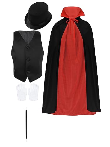 TiaoBug Jungen Zauberer Magier Cosplay Kostüm Set Schwarzes Rot Reversible Umhang Stehkragen + Weiße Handschuhe + Magischer Zauberstab + Zylinderhut Kinder Halloween Party Schwarz Y 122-128 von TiaoBug