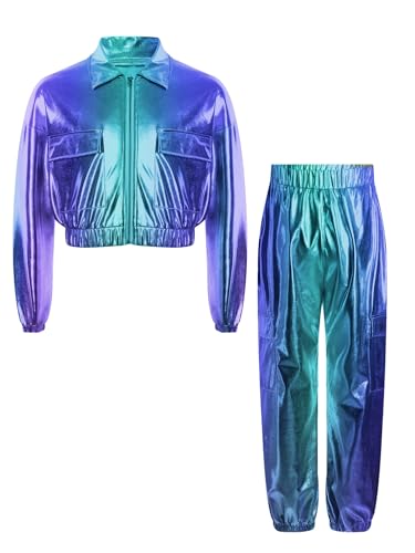 TiaoBug Kinder 70er 80er Jahre Outfits Metallic Trainingsanzug Jogginganzug Hemd Jacke und Cargo Hose Disco Hippie Tanz Kleidung Set Blau 110-116 von TiaoBug