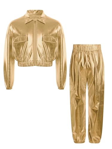 TiaoBug Kinder 70er 80er Jahre Outfits Metallic Trainingsanzug Jogginganzug Hemd Jacke und Cargo Hose Disco Hippie Tanz Kleidung Set Gold 122-128 von TiaoBug