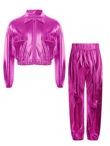 TiaoBug Kinder 70er 80er Jahre Outfits Metallic Trainingsanzug Jogginganzug Hemd Jacke und Cargo Hose Disco Hippie Tanz Kleidung Set Hot Pink 122-128 von TiaoBug