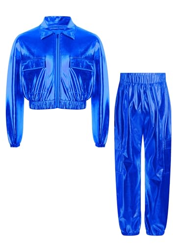 TiaoBug Kinder 70er 80er Jahre Outfits Metallic Trainingsanzug Jogginganzug Hemd Jacke und Cargo Hose Disco Hippie Tanz Kleidung Set Königsblau 110-116 von TiaoBug