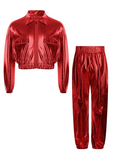 TiaoBug Kinder 70er 80er Jahre Outfits Metallic Trainingsanzug Jogginganzug Hemd Jacke und Cargo Hose Disco Hippie Tanz Kleidung Set Rot 110-116 von TiaoBug