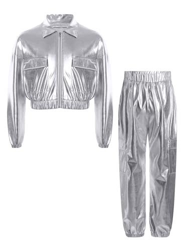 TiaoBug Kinder 70er 80er Jahre Outfits Metallic Trainingsanzug Jogginganzug Hemd Jacke und Cargo Hose Disco Hippie Tanz Kleidung Set Silber 110-116 von TiaoBug