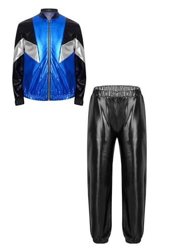 TiaoBug Kinder 80er 90er Jahre Outfit Retro Assianzug Trainingsanzug Jogginganzug Metallic Farbblock Jacke und Hose Disco Hippie Tanz Kleidung Set Blau Schwarz 158-164 von TiaoBug