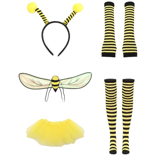 TiaoBug Kinder Bienen Kostüm Hummel Stirnband Bienenflügel Mesh Rock Streifen Handschuhe Socken Set Halloween Tier Cosplay Fasching Biene Set One Size von TiaoBug