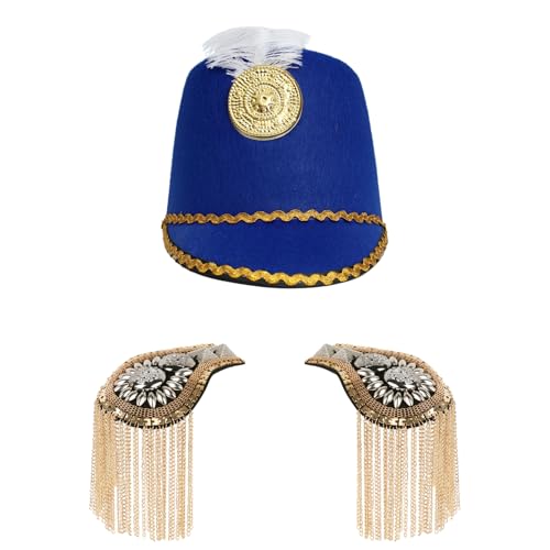 TiaoBug Kinder Nussknacker Hut Golden Quasten Schulterklappen Set Vintage Marching Band Hut mit Schulterbretter Spielzeug Soldatenhut Party Cosplay Blau One Size von TiaoBug