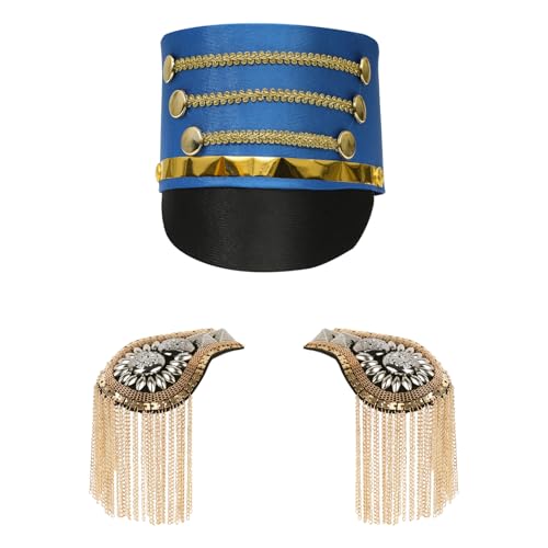 TiaoBug Kinder Nussknacker Hut Golden Quasten Schulterklappen Set Vintage Marching Band Hut mit Schulterbretter Spielzeug Soldatenhut Party Cosplay Marineblau One Size von TiaoBug