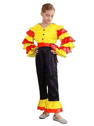 TiaoBug Kinder Rumba Kostüm Mädchen Jungen Langarm Jumpsuit Satin Overall mit Rüschen Schlaghose Flared Pants Einteiler Tanzbekleidung Gelb 146-152 von TiaoBug