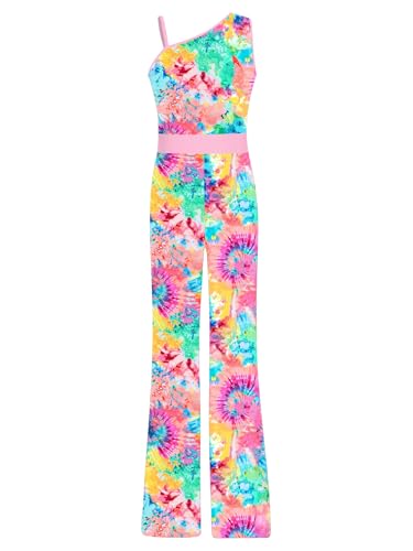 TiaoBug Mädchen 60er 70er Jahre Hippie Kostüm Blumenmuster Jumpsuit Overall Ein-Schulter Top Hoher Bund Schlaghose Disco Pants Bunt 110-116 von TiaoBug