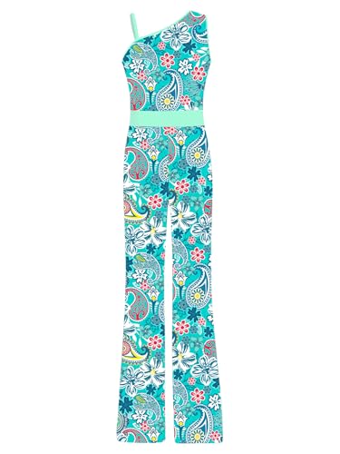 TiaoBug Mädchen 60er 70er Jahre Hippie Kostüm Blumenmuster Jumpsuit Overall Ein-Schulter Top Hoher Bund Schlaghose Disco Pants Minzgrün 146-152 von TiaoBug