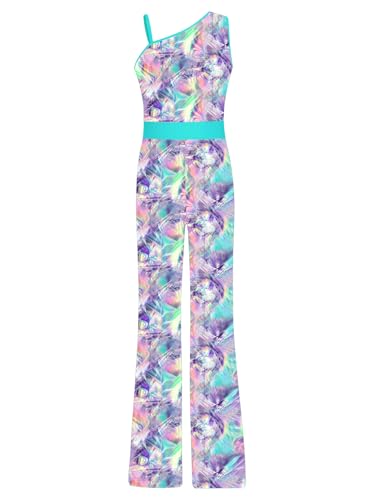 TiaoBug Mädchen 60er 70er Jahre Hippie Kostüm Blumenmuster Jumpsuit Overall Ein-Schulter Top Hoher Bund Schlaghose Disco Pants Violett 146-152 von TiaoBug