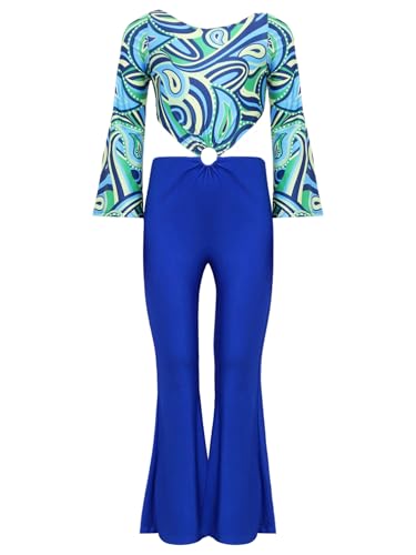 TiaoBug Mädchen 60er 70er Jahre Hippie Kostüm Blumenmuster Jumpsuit Overall Glockenärmel Shirt Top Hoher Bund Schlaghose Disco Pants Blau 110-116 von TiaoBug