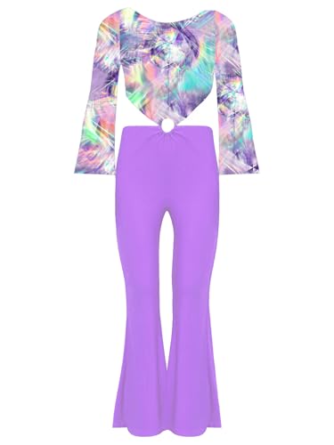 TiaoBug Mädchen 60er 70er Jahre Hippie Kostüm Blumenmuster Jumpsuit Overall Glockenärmel Shirt Top Hoher Bund Schlaghose Disco Pants He Lila 122-128 von TiaoBug